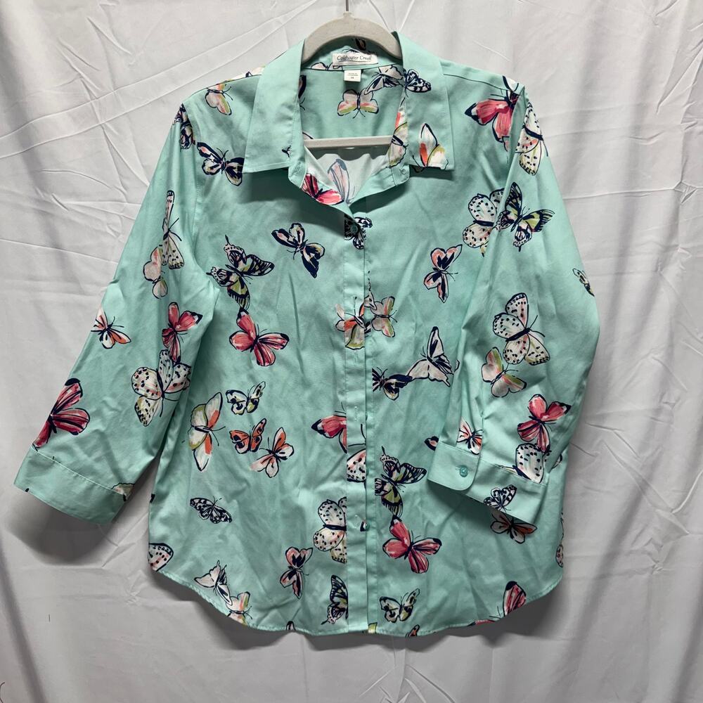 Coldwater Creek Turquoise Butterfly Print Summer Cotton Button Up Shirt Size 14